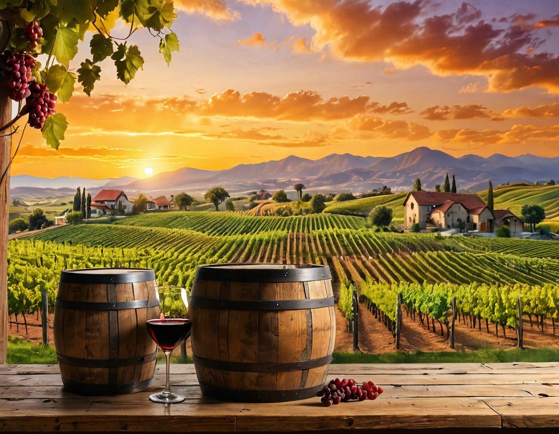 A picturesque vineyard landscape with rolling hills, rows of grapevines under a golden sunset sky. Include a vintage wine barrel and a glass of red wine on a rustic wooden table in the foreground. Add distant mountains and a charming winery building to enhance the ambiance. Vibrant colors. super-realistic.