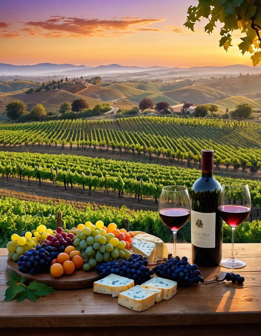 An elegant vineyard landscape at sunset, with rolling hills and vines ripe with grapes, showcasing a rustic wooden table adorned with wine glasses and a decanter, accompanied by gourmet cheeses and fruits. A knowledgeable connoisseur pouring wine, with a soft glow illuminating their content face, all set against a gentle sky tinged with orange and purple hues. stunning realism. warm colors. atmospheric depth.