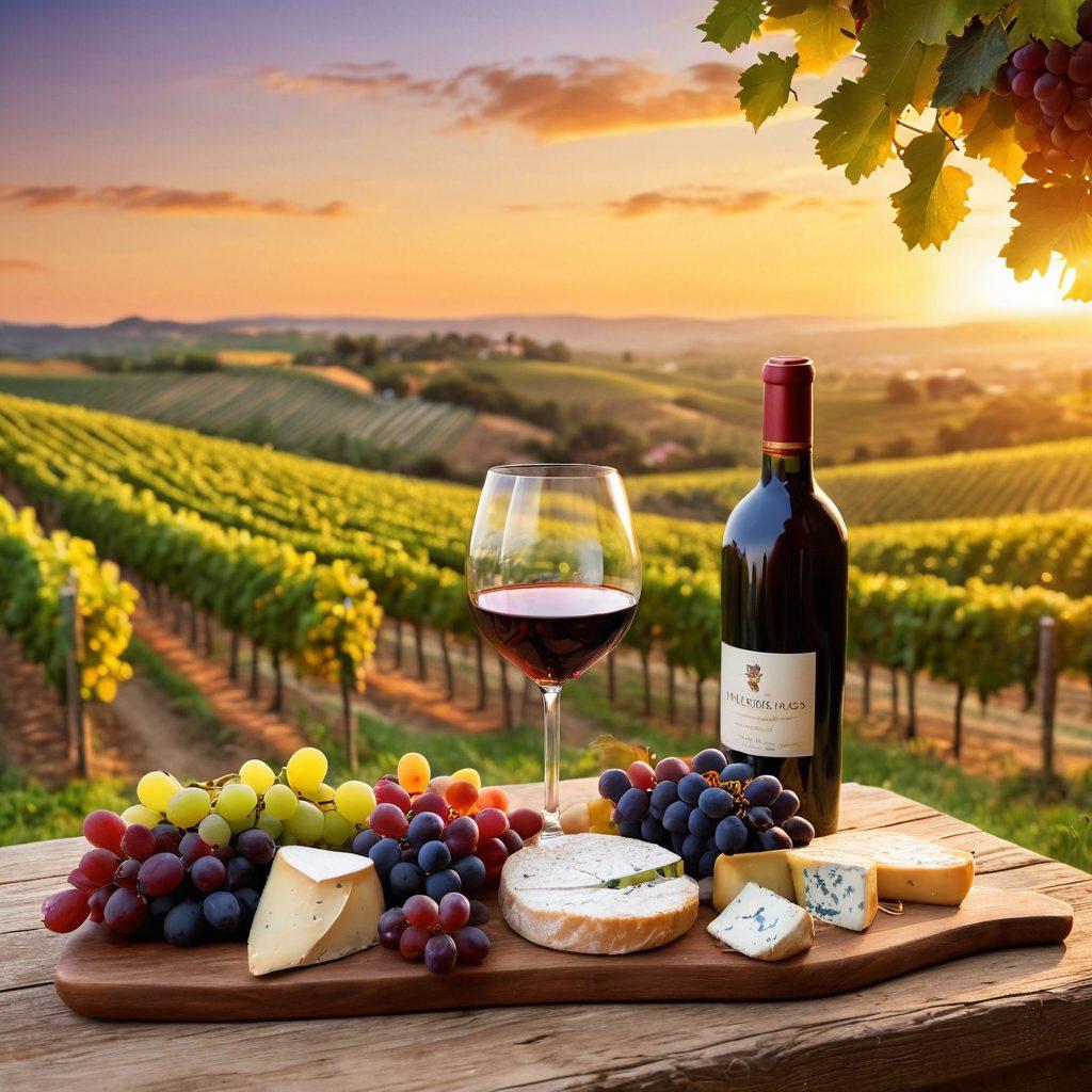 A picturesque vineyard during sunset, showcasing lush grapevines laden with ripe grapes. In the foreground, an elegant wine glass half-filled with rich red wine reflects the warm hues of the sky. An artisanal cheese board, complete with various cheeses and fruits, complements the wine glass, hinting at perfect pairings. Capture the essence of the winemaking journey, from grapes to glass, with elements of craftsmanship. super-realistic. warm colors. vibrant sunset.